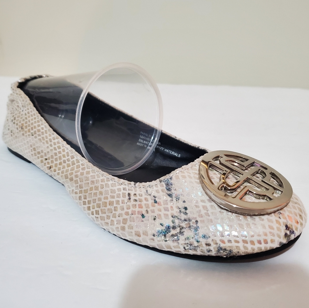 Audrey Brooke Paris leather cream shimmer snakeskin flat ballet shoes 8.5 NWOB